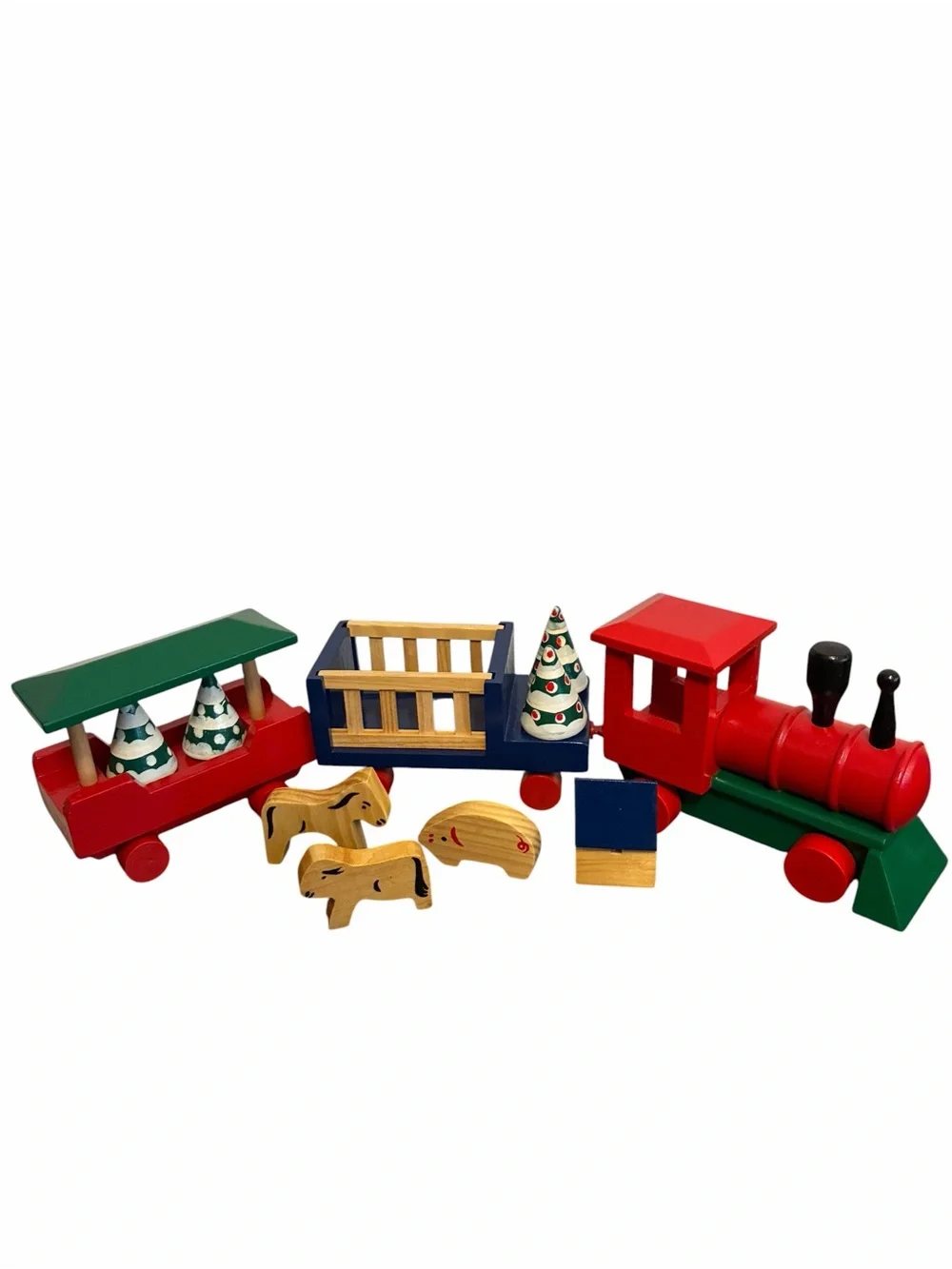 Vintage Wooden Toy Train Set Farm Animals and Christmas Trees 11 Piece
